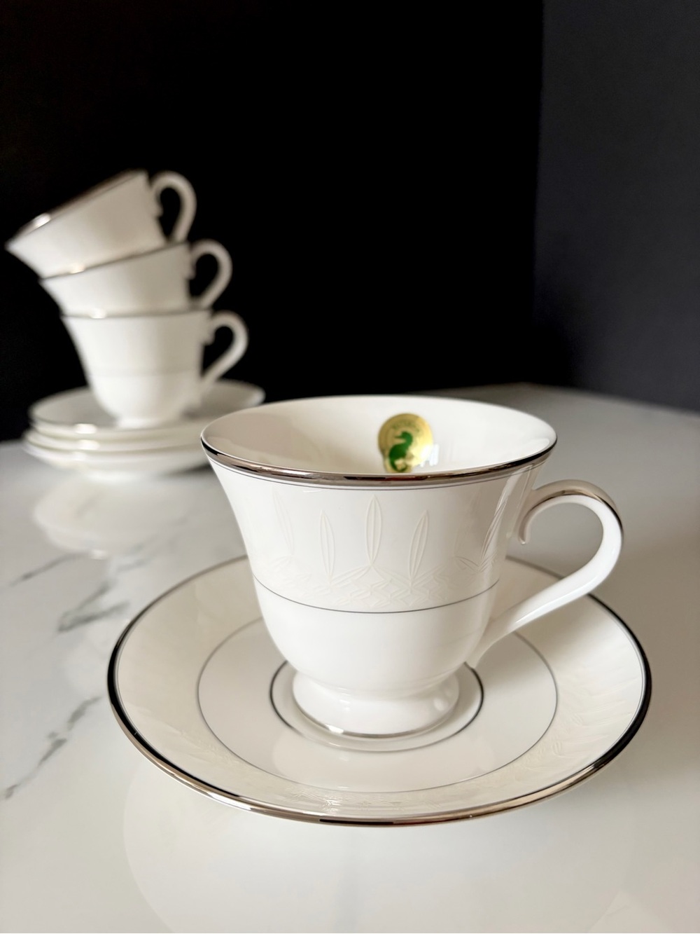 SET of 4 Lismore Platinum Cup & Saucers by Waterford